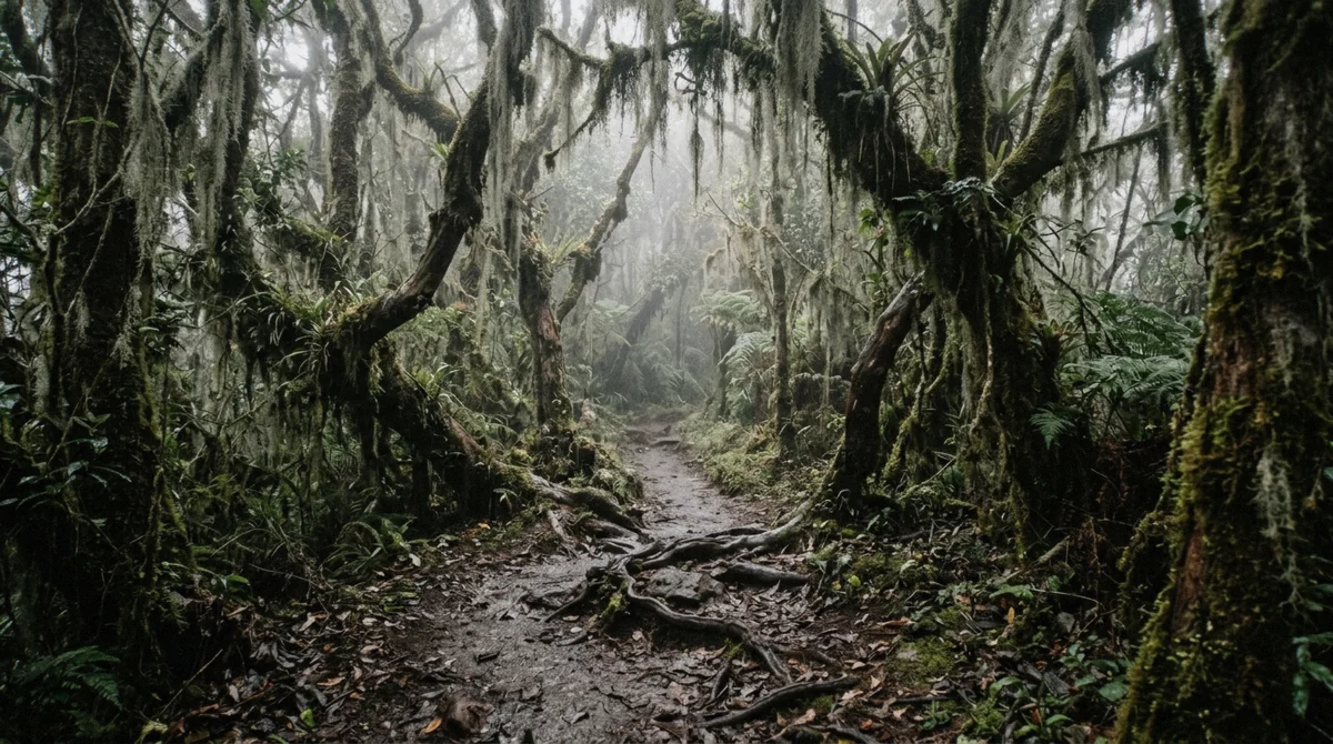 Moss-hung cloud forest along the upper trail on an Acatenango volcano tour above Antigua, Guatemala