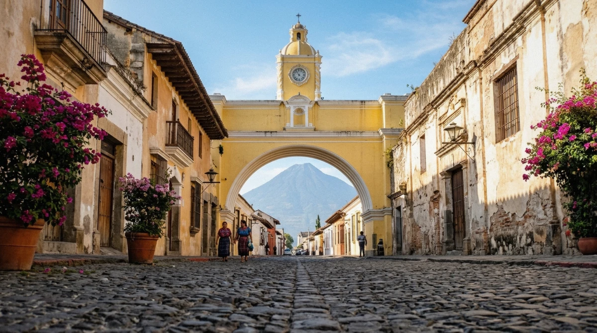 Santa Catalina Arch in Antigua with Volcán de Agua behind it, the historic centre where most guests base themselves before an Acatenango volcano tour, Guatemala