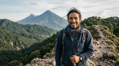 Byron Chocoj, mountain guide, on the volcanic sand of the upper trail on an Acatenango volcano tour above Antigua, Guatemala