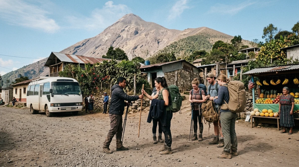Hikers paying the park entrance fee in cash at the La Soledad registration post before an Acatenango hike, Guatemala