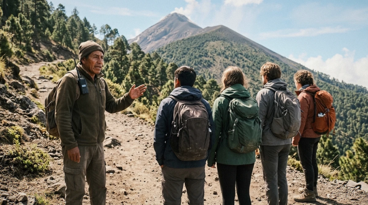 Certified guide briefing a group on safety gear and the route before an Acatenango volcano tour departs Antigua, Guatemala