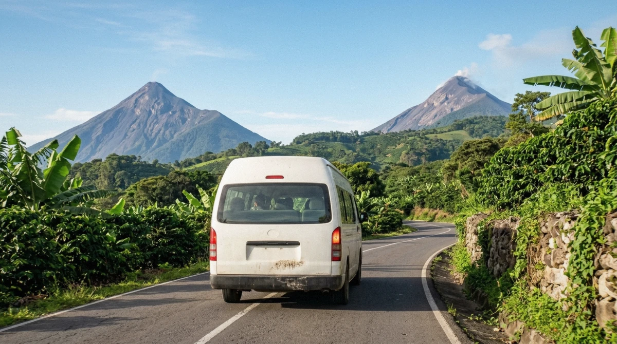 A minibus on the paved road toward Alotenango with Acatenango volcano visible ahead, the route every Acatenango volcano tour drives from Antigua