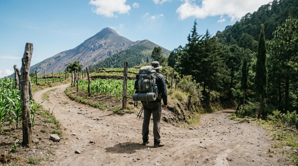 A lone hiker standing at a trail fork in farmland below Acatenango, illustrating the without-a-guide question on an Acatenango volcano tour route