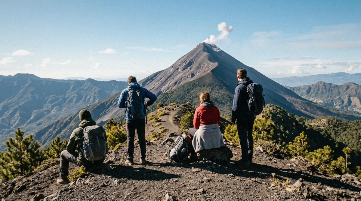 Hikers standing on a ridge at dusk watching Volcán de Fuego erupt across the saddle, deciding if the Acatenango hike is worth it, Guatemala